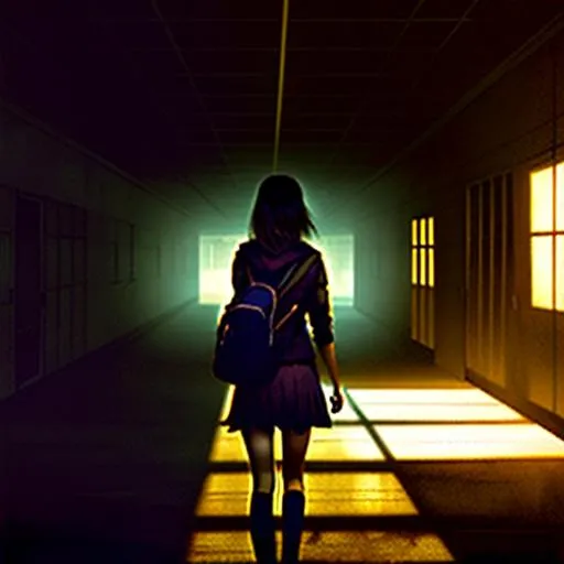 Prompt: A teenage girl in a deserted high school, at night, creepy, dark, in the limbo, Silent Hill inspired, extremely detailed painting by Greg Rutkowski and by Henry Justice Ford and by Steve Henderson.
