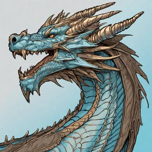 Prompt: Concept design of a dragon. Dragon head portrait. Coloring in the dragon is predominantly sky blue with bronze streaks and details present.