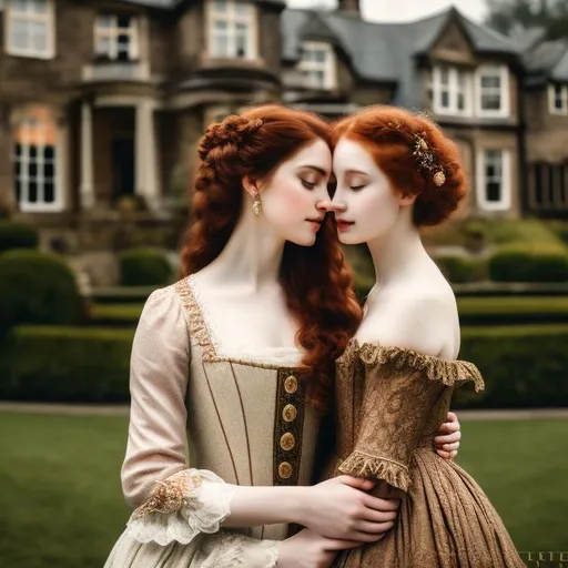 Prompt: mother have brown curly hair,pale skin , with her red haired daughter,18th century aesthetic, front of a antique Scottish mansion, high quality, 4k, details ,vintage ,analog filter, perfect composition, hyperrealistic, super detailed, 8k, high quality, trending art, sharp focus, intricate details, highly detailed