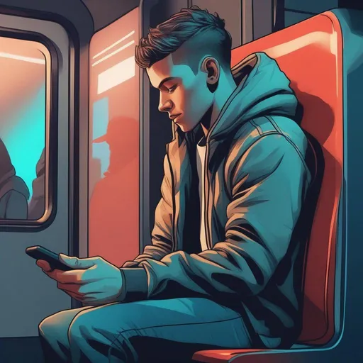 Prompt: A profile mid-shot vector art of a young man holding his phone, wearing a hoodie sitting in a metro chair, cinematic color grading, cinematic shading, comic style art