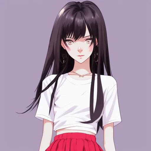 Prompt: an extremely beautiful teenage girl with black hair, black eyes, feminine body, big chest and thin waist, wearing a white t- shirt  and black skirt, in an Anime style