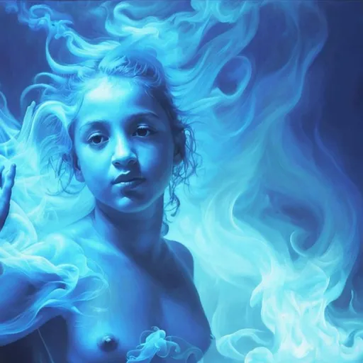 Prompt: underwater, realistic oil painting of a blue djinni, female, blue flames consume her arms and chest. she is covered and obscured by blue smoke and fog, painterly realism