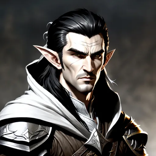 Prompt: Grey Skin, Dungeons and Dragons Character Art, Male Elf, Shadar Kai, Black Hair, Shaved Sides, Masculine, Hawkish brow, mature, pale lips, Hooded eyes,