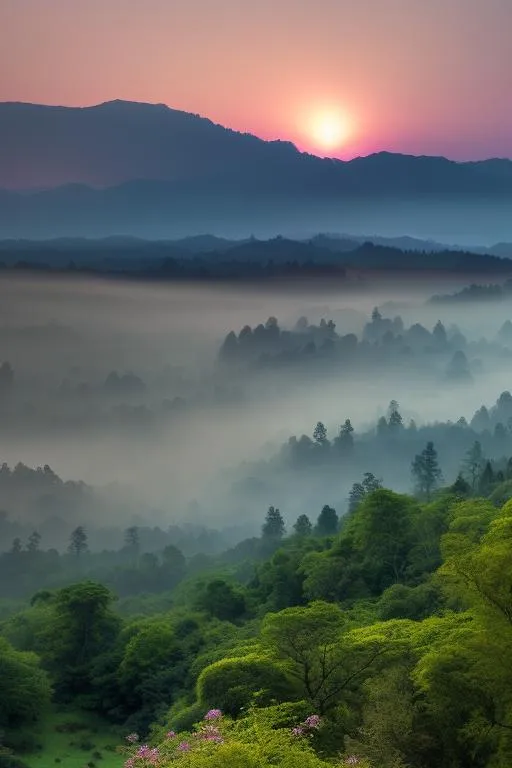 Prompt: A striking landscape featuring dense, sprawling forests, lush, green meadows, and rolling, winding trails. The sky is a vibrant blue, with a touch of pink under the sun. The landscape features a wide-angle lens, sharp aperture, and an atmospheric, natural lighting. In the foreground, a tranquil, mist-shrouded valley forms an expanse of soft, golden sand. wide aperture, wide-angle lens, HDR, polarizing filter by Brandon Davis by David Burnett