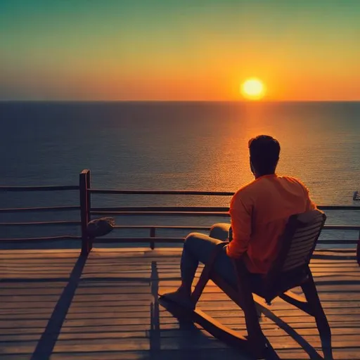 Prompt: A depressed man sitting on a chair, view from the back, the man is over looking the sea from a cliff side on a rocking chair, soft colors, red and orange skies, orange sun setting on the horizon. 