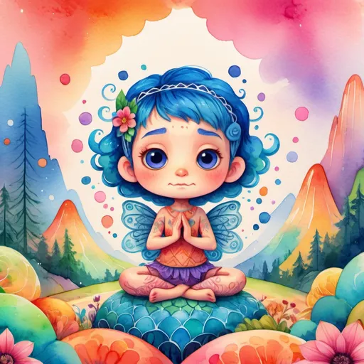 Prompt: Kawaii watercolor artistic patterns with Henna art inspired embellishments and Flourishes, bright vibrant colors, Highly detailed, popping vibrant colors, Gradient Colors, Intricate details, Highly textured, a serene with (((closed eyes))) meditating fairy (((age 5))) in the lower third of the foreground 