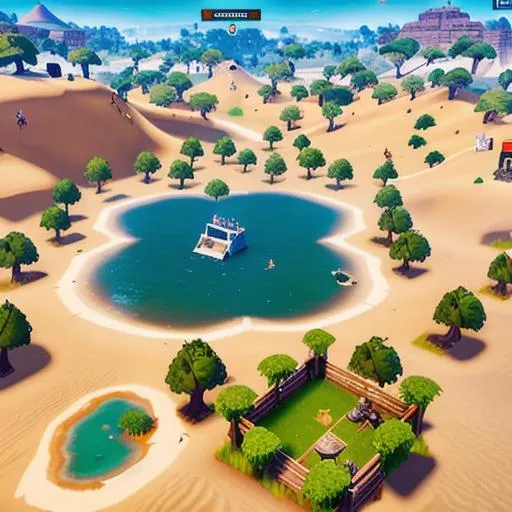 Prompt: Birds-eye-view, Fortnite battle-royale, desert, map