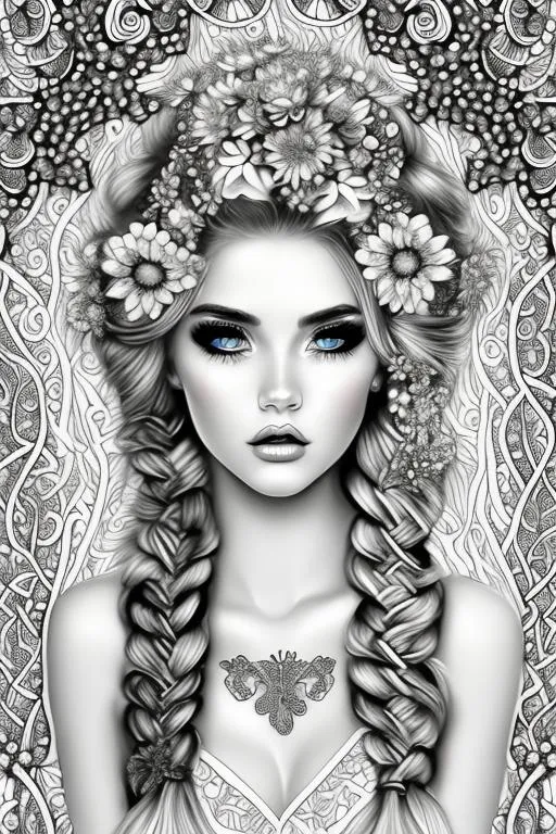Prompt: coloring page , black and white of detailed beautiftul fantasy girl, with flowers,  clear facial features, symmetrica long braided hair.   smooth lines, beautfiful , dreamy, details, black and white, simple