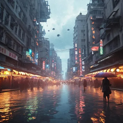 Prompt: Disrupting daily scene, on centered realistic character, details, epic, realistic, photo, cinematic, floating lights, diffusion, umbrellas in the sky, rising sun, reflective wet ground, photorealistic