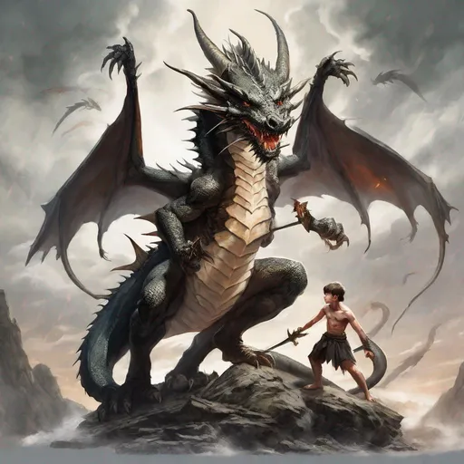 Prompt: dragon with big bleeding underside, no scales on soft white belly, five shirtless barefoot 12 year old boys and girls, skinny, abs, slaying dragon together, standing under dragon and stab swords upwards. with fifty of swords in dragon, sword handles on belly, standing european dragon rearing up
