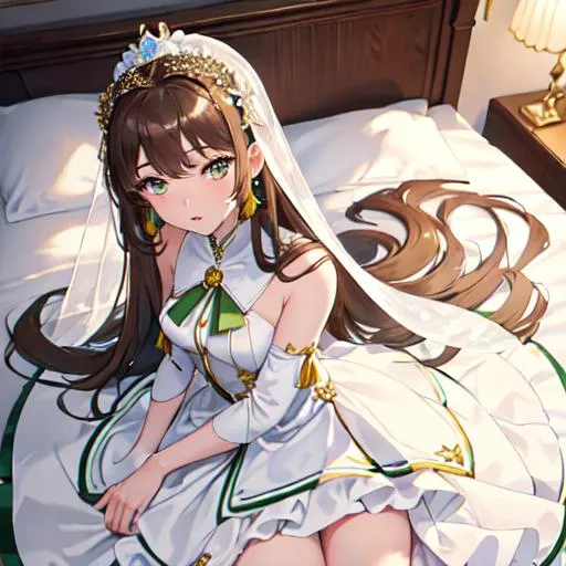 Prompt: (masterpiece), best quality, dull eyes, perfect face, 1girl, fifteen years old girl, long brown hair, long hair, brown eyes, white silk headdress, full body, white bridal dress with green ribbons, white knee-socks, aroused expression, looking upward, resting on the back, on a bed, white sheets, seen from above, green ribbon around the neck, jewel on the ribbon