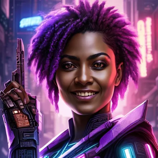 Prompt: attractive hot late-twenties african egyptian woman female, medium-brown skin, smile, spiked purple haircut, government uniform, cyberpunk futuristic tropical, portrait, realistic details, photorealistic, 8k render, cinematic lighting, ultra detailed