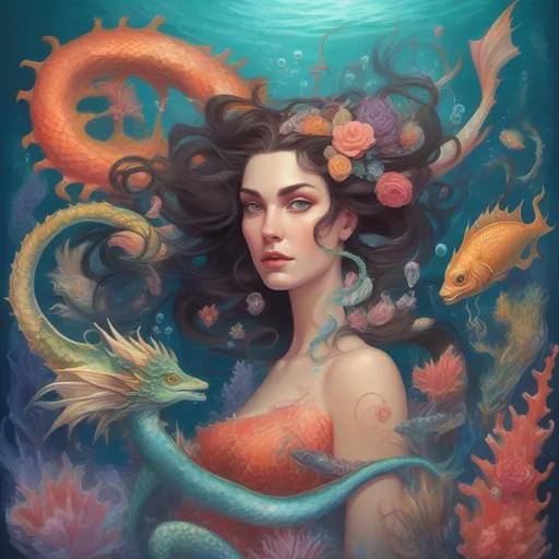 Prompt: A colourful and beautiful Persephone, with brunette hair and her hair being made out of magic and tentacles, with scales on her skin, with a sea-dragon and fish underwater in a painted style surrounded by pearl and coral