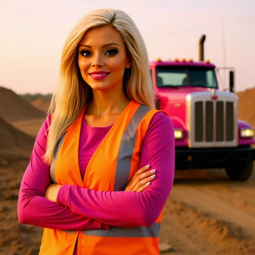Prompt: Standing confidently with her arms folded against a backdrop of soft twilight, a woman with a thin, athletic build in a bright pink long-sleeve work shirt featuring a safety vest with reflective stripes, beams with pride. Her blonde hair cascades down her shoulders, framing her friendly, determined face illuminated by the gentle glow of the dusk. Behind her, a striking pink and white 18-wheeler dominates the scene, reflecting a vibrant and progressive work culture. The environment appears rugged and remote, with a sandy terrain that suggests a mining or industrial area, further emphasized by the warm tones of the fading day. This image conveys a sense of empowerment and resilience, showcasing a woman thriving in a traditionally male-dominated field.