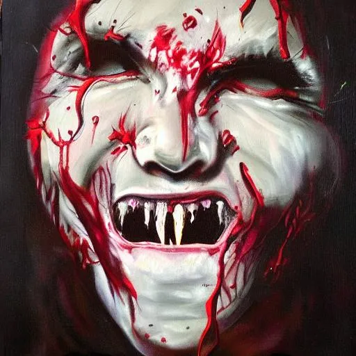 Prompt: bloody face in the dark sharp teeth crying and wailing. Oil painting.