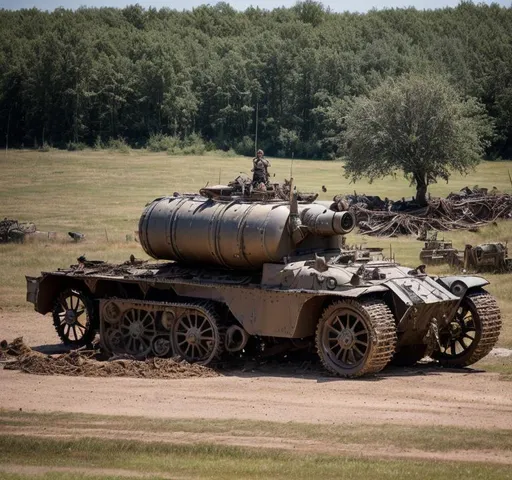 Prompt: A steampunk turret is mounted on top of A battered steampunk war carriage on the battlefields of ww1. barbed wire, trenches, dead soldiers and horses litter the muddy and destroyed terrain. Burned tree stumps smoilder in the background.