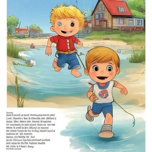 Prompt: Create the 1 page of a children story book. In a small fishing town near the beach, there lived a toddler named Colt. Colt was no ordinary toddler. He was born with two legs, but one was much shorter than the other. His right leg was small and slender, while his left leg was strong and sturdy. Colt looked different from the other children, but his friends who had known him from the very beginning never saw him any differently. To them, Colt was just Colt, and his special feet were a part of who he was.
