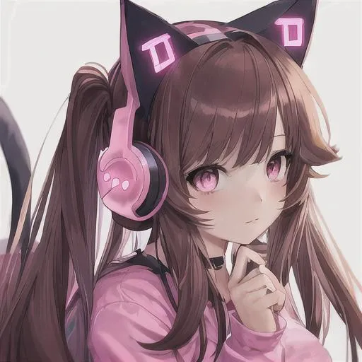 Prompt: Cat girl wearing gaming headphones pink has long dark 
brown hair pink eyes
