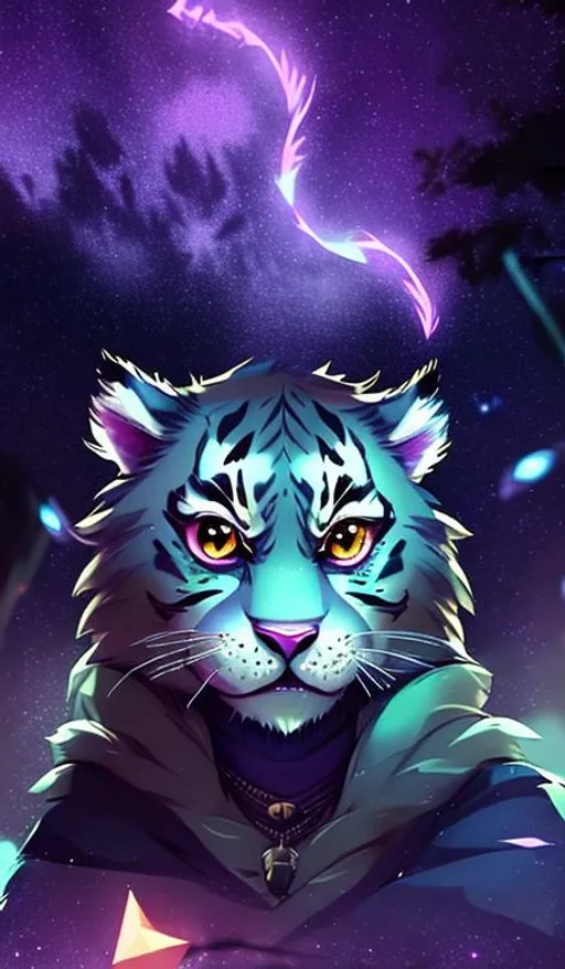 Prompt: cute | young | male |  anthropomorphic | fluffy |
 tiger |  feline | khajiit | furry | bright purple eyes | pretty face | starry sky | bank of river | key visual | realistic shaded perfect face
