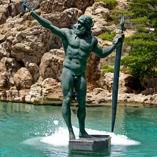 Prompt: statue of poseidon holding a trident, under water around atlantis