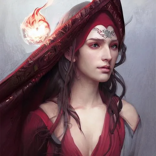 Prompt: character concept portrait of an attractive young focused elvish wizard with pale red enchanting a flaming seduction spell, a floating burning spell book in the center, intricate, elegant, digital painting, concept art, smooth, sharp focus, illustration, from Metal Gear, by Ruan Jia and Mandy Jurgens and William-Adolphe Bouguereau, Artgerm