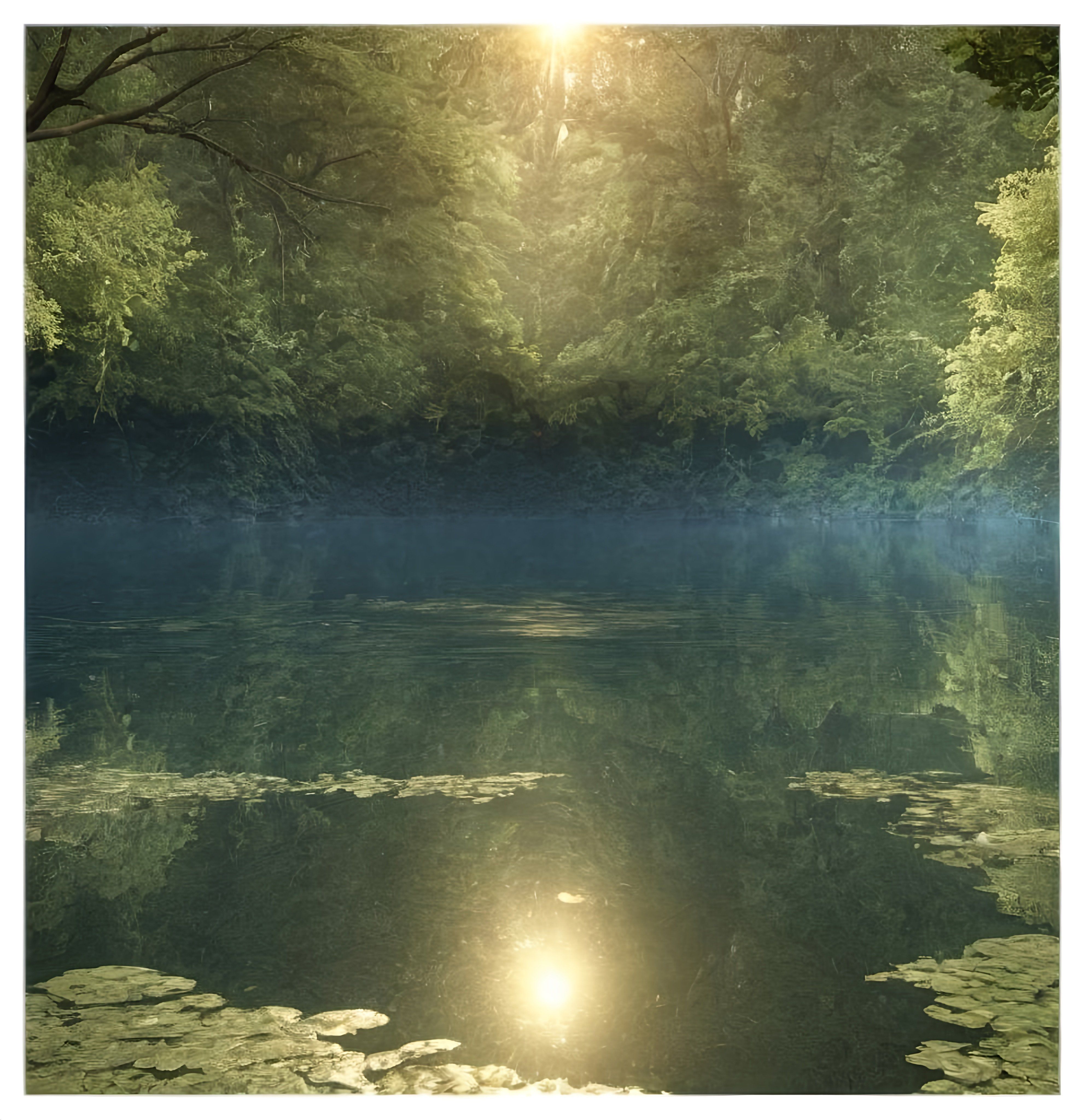 Prompt: a lake surrounded by trees and water with the sun shining through the trees and water lilies on the water, a matte painting