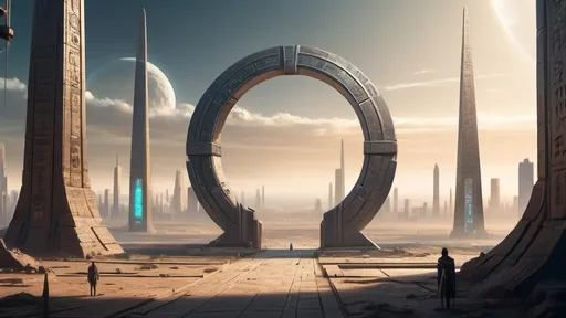 Prompt: small circular portal in the distance, gateway between cities realms worlds kingdoms, ring standing on edge, freestanding ring, hieroglyphs on ring, complete ring, obelisks, pyramids, futuristic towers, large wide-open city plaza, panoramic view, futuristic cyberpunk dystopian setting