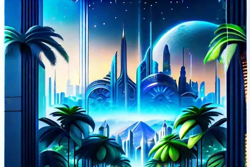 Prompt: A sci-fi city full of exquisite futuristic, hyperrealistic and hyperdetailed sky-scrappers, buildings and great religious temples deep into the jungle of dazzling palm trees, Nebula Moon Sky in the intricately detailed background, digital art masterpiece, perfect image composition, Sci-Fi style, liquid Blue atmosphere, highest quality of details and design, Unreal Engine 5, CryEngine, Ultra HD 1024K, Octane 3D, clarity, harmony, hierarchy, order, symmetry, proportions.