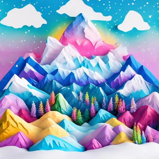 Prompt: Lisa frank style snowy mountain diorama 