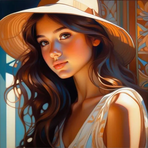 Prompt: Upper body portrait of Cute girl, 18 years old, brown long hair, tan skin, sundress, intricate, detailed face. by Ilya Kuvshinov and Alphonse Mucha. Dreamy, sparkles