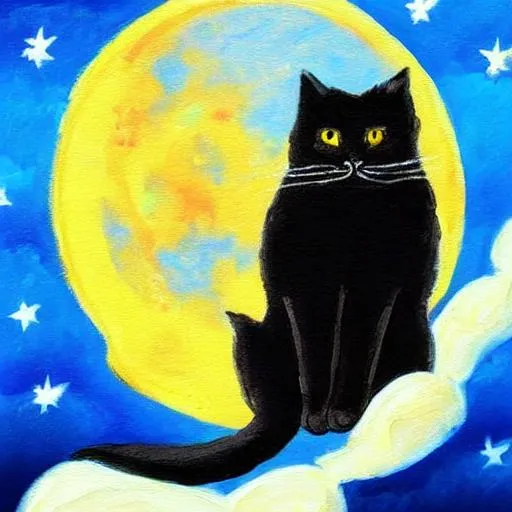 Prompt: Fluffy black cat sitting on the moon dreamy painting