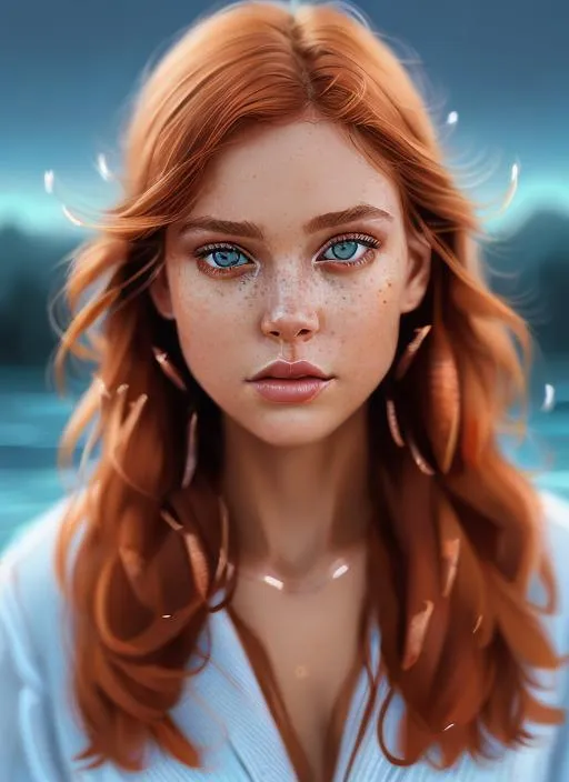 Prompt: Portrait of girl with copper hair and with cute face, dark eyes, summer sunset vibe, perfect composition, hyperrealistic, super detailed, 8k, high quality, trending art, trending on artstation, sharp focus, studio photo, intricate details, highly detailed