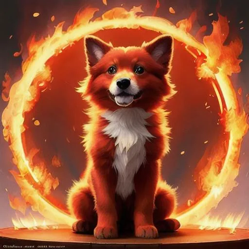 Prompt: Cute, red, fluffy, fire puppy, possessing the element of fire and making circles of fire
 move around in the air in a magical way. Perfect features, extremely detailed, realistic. Krenz Cushart + loish +gaston bussiere +craig mullins, j. c. leyendecker +Artgerm.