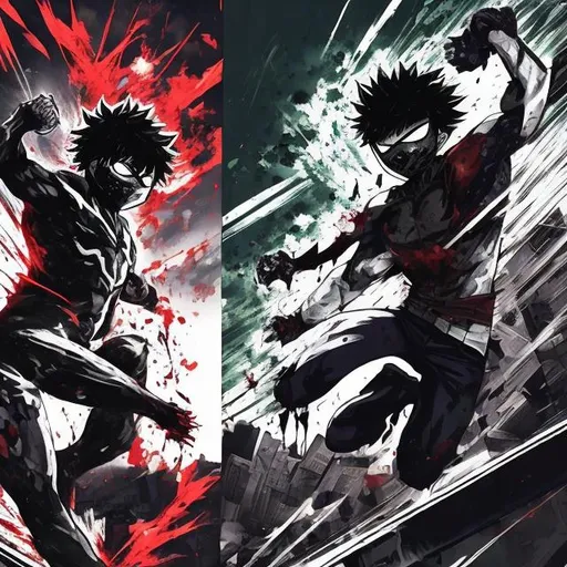 Prompt: masked vigilante deku villain versus villain bakugo. Fighting. Blood spatters. Very Dark image with lots of shadows. Background partially destroyed neo Tokyo. Noir anime. Gritty. Dirty. Detailed. Accurate. Perfect.