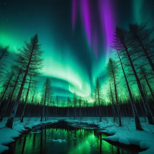 Prompt: A bioluminescent forest beneath a swirling aurora borealis, Beautiful Aesthetics, Horizontally Symmetric, Eye level View, Photographic Clarity, Photoshoot, Well Refined, Very Clear