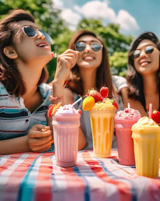 Prompt: ((Sun-Kissed Picnic)) on a vibrant summer day, featuring friends enjoying various activities with colorful milkshakes. Utilize a fun and lively setup with a ((Canon EOS RP)) and a ((Canon EF-S 10-18mm f/4.5-5.6)) lens. Capture the excitement and joy of summer memories. In the style of Artist ((David Hockney)).