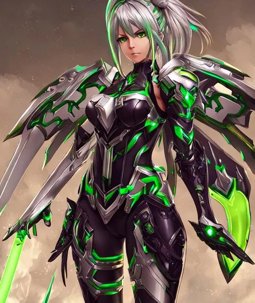 Prompt: , female, long silver and green glowing hair, wearing black gloves, green and silver scifi armor, V1 ULTRAKILL wings, Xenoblade 2 , conceptart , scifi sword