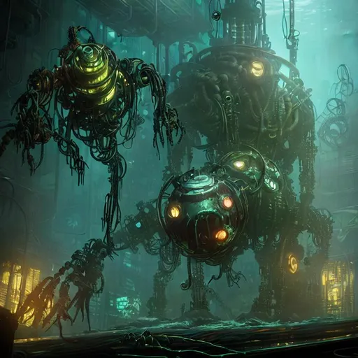 Prompt: In the underwater dystopia of Rapture, the "BioMeld Abomination" emerges in BioShock 2 as a nightmarish fusion of organic and mechanical elements. This grotesque creature is a hulking humanoid figure, constructed from harvested body parts and industrial metals, with tubes and wires snaking through its sickly green flesh. Its distorted facial features are hidden behind a metal visor, and its glowing eyes exude malevolence. The creature moves with an unnatural gait, propelled by mechanical wings on its back. Pulsating bio-circuits cover its body