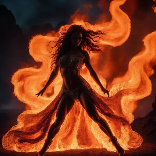 Prompt: very muscular dancing female, dancing on fire, silhouette, lava, long flowing fire gown, huge busom, long wavy fiery hair, long muscular legs, very muscular dancing female, mystical background, 