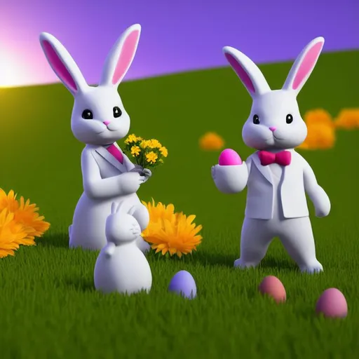 Prompt: cute tiny easter bunny, wearing a suit, 3d blender render, on a green field with flowers, eggs around, ambient light, sunset, rainbow and mountains

