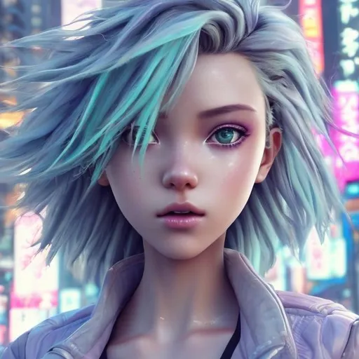 Prompt: New character. Stunning. Cute. Mesmerising . Pheromones. Innocent. Naive. Alluring. Young woman. beauty. Interesting eye makeup. Pastel coloured hair. Incredibly gorgeous. Sweet. Very Futuristic clothes. Realistic. Gritty. Detailed. Medium close-up. Neo Tokyo background