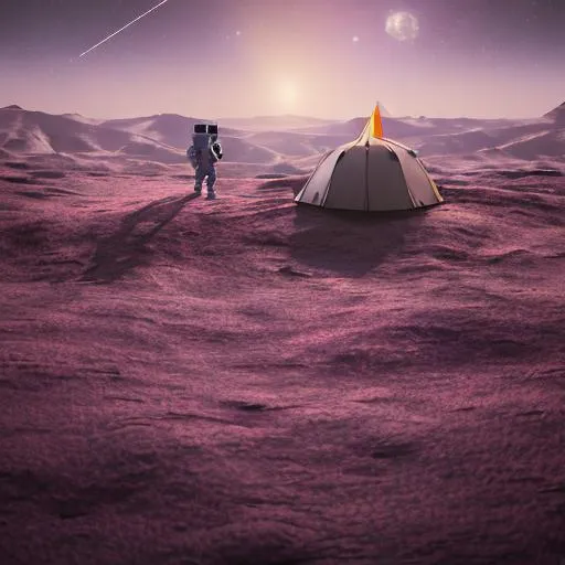 Prompt: Landscape,Astronaut standing in a hill,looking to a far away plain with a circus tent. Violet sky. Photorealistic