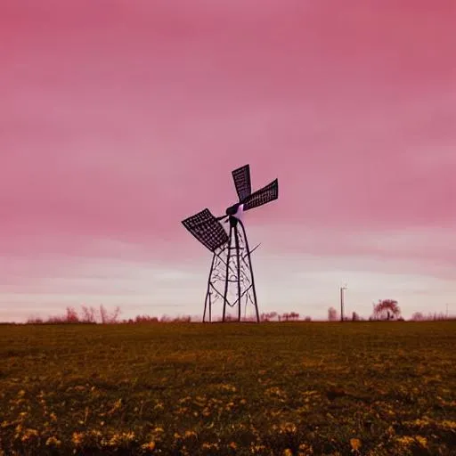 Prompt: Mustard Ground, Coating of Black Surface, Abandoned Field, Eerie Windmill, Pink_Sky