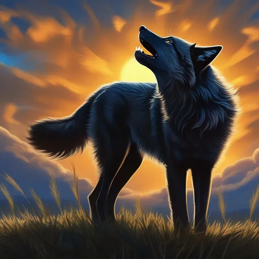 Prompt: black wolf pup howling, 4k, 8k, UHD, anime, oil painting, cinematic, best quality, highly detailed, billowing wild fur, white chest, silver fur lighlights, intricate detail, vibrant, sapphire blue sky, amber grass, emerald grass, majestic sunrise, studio lighting, mouth open, open mouth, sharp focus, intricate detailed mouth and teeth, fluffy fur, full body focus, hyper realistic, realistic, professional oil painting, cinematic, 8k eyes, highly detailed face, highly detailed eyes
