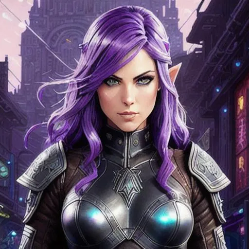 Prompt: woman elf in leather armor, purple hair and grey eyes, Julia Voth, By Dan Mumford, By James Gurney, By Russ Mills, ascii art, Gothic Noir, 8 bit, Pixel art, Borderlands: Oil splash!! Oil stained!!", intricate hyperdetailed fluid gouache illustration, fluid acrylic, Anime key visual