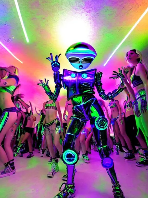 Prompt: Futuristic galactic high tech 90’s rave culture alien robot teen raver warehouse dance club party 