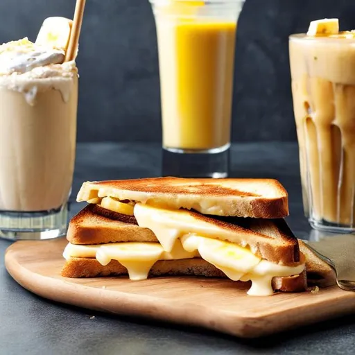 Prompt: seductress banana cheese sandwich on toast with cheese milkshake 