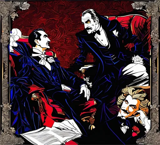 Prompt: (Vincent Price as Van Hellsing conversing with Bela Lugosi as Count Dracula), Black and White pen and ink sketch style, dark color scheme, elegantly gothic attire, intricate details, dim lighting, dramatic shadows, opulent background, luxurious textures, ornate furniture, deep reds and blacks, baroque patterns, solemn atmosphere, rich color tones, dark romanticism, ultra-detailed, 4K, photorealistic masterpiece, timeless elegance.