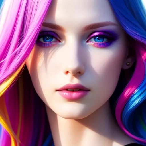 Prompt: HDR, UHD, 64k, best quality, pale skin, unrealistically, multicolored hair,  UHD, hd , 64k, , hyper realism, Very detailed, full body, hyper realism, Very detailed, female anime, slender body, in hyperrealistic detail, rainbow hair, facial closeup, heavy makeup