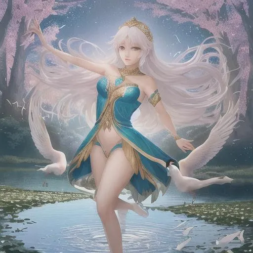 Prompt: A beautiful girl dancing by an enchanting magic lake along with elegant swans and beautiful birds flying as she dances gracefully on the lake

